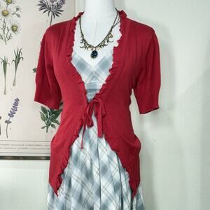 Red Ruffle Tie Front Cardigan Sweater Whimsy Twee Coastal Cowgirl Retro Mod M